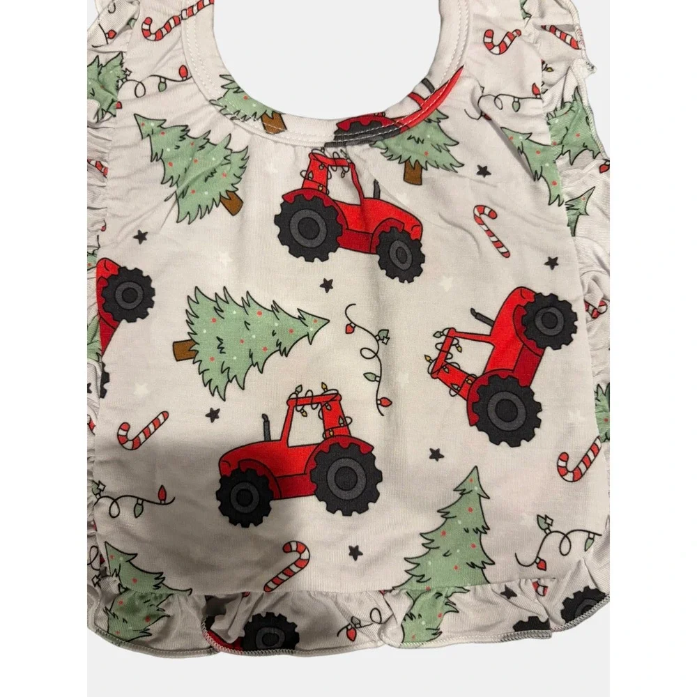 Holiday Red Tractor Christmas Tree‎ Ruffle Baby Bib Snap Closure White